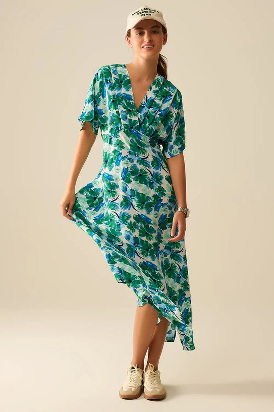 Maxi floral print dress in satin fabric with dropped sleeves - Dresses