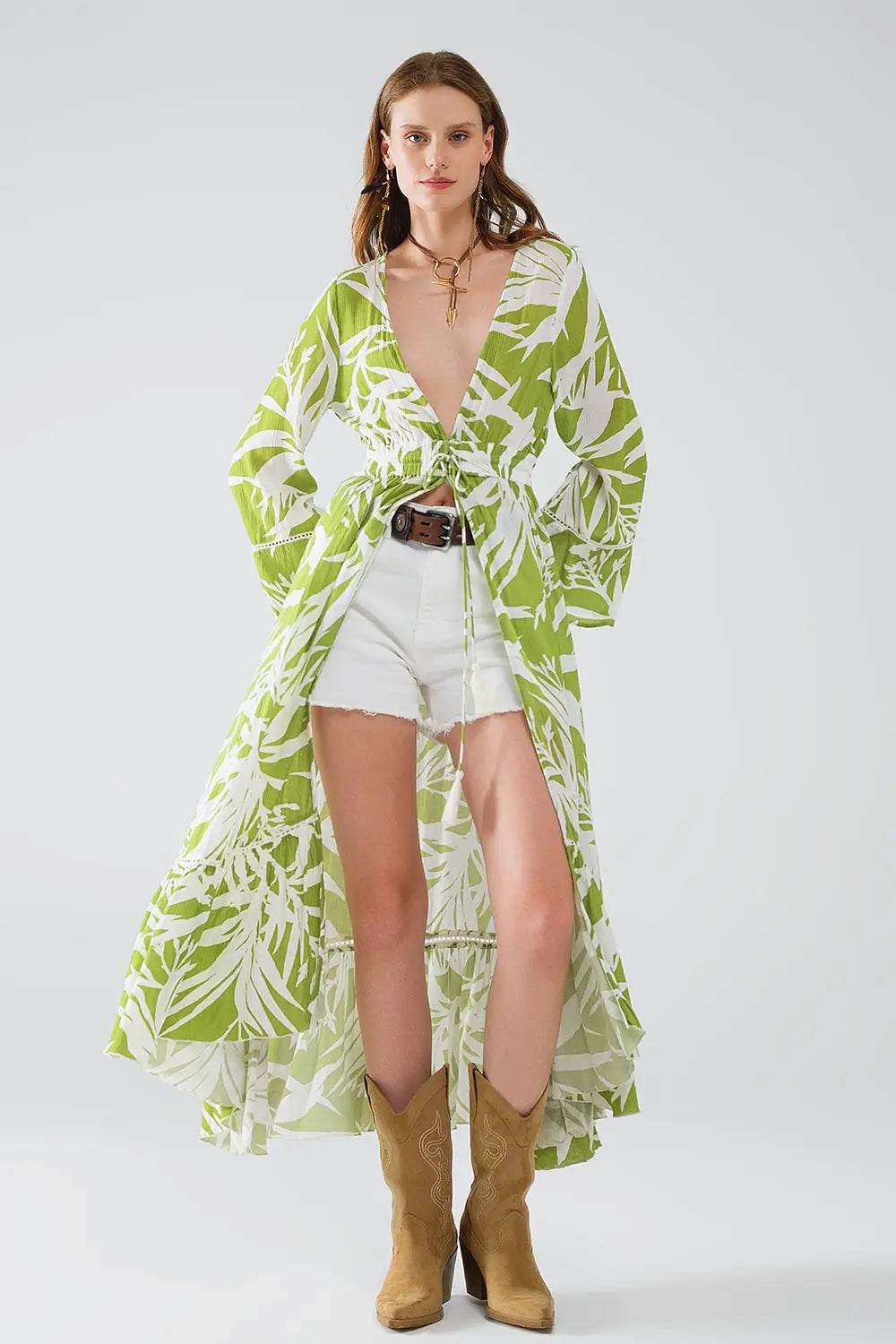Maxi green kimono with tropical palm print - Coats and Jackets