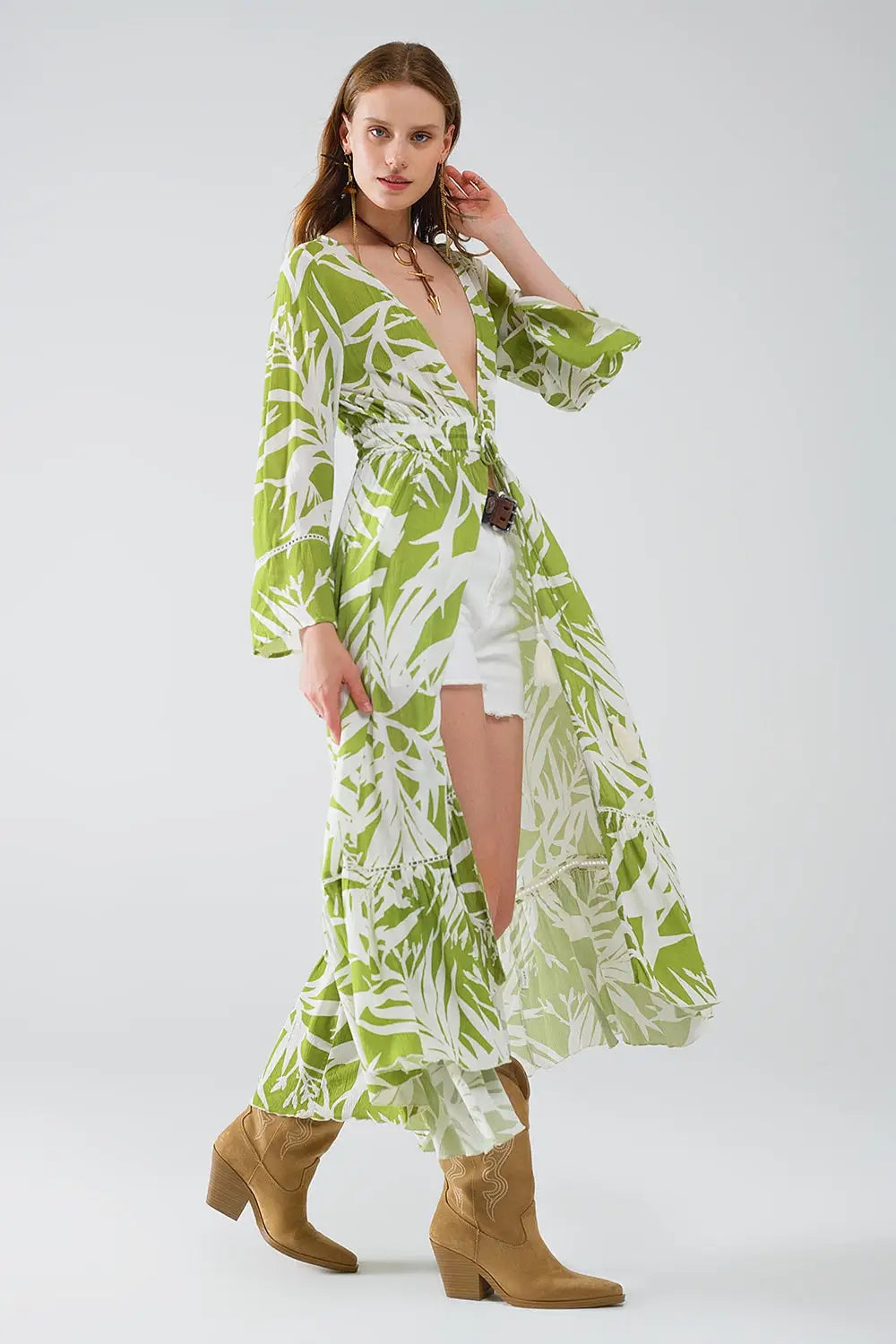 Maxi green kimono with tropical palm print - Coats and Jackets
