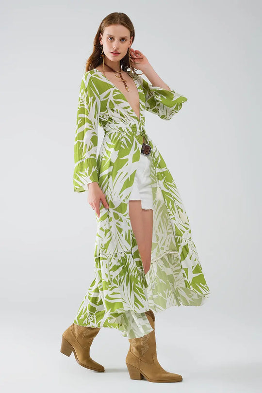 Maxi green kimono with tropical palm print - Coats and Jackets