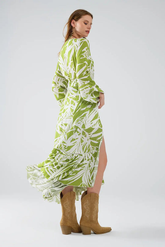 Maxi green kimono with tropical palm print - Coats and Jackets