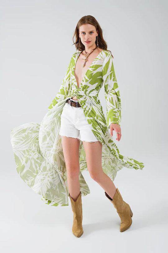 Maxi green kimono with tropical palm print - Coats and Jackets