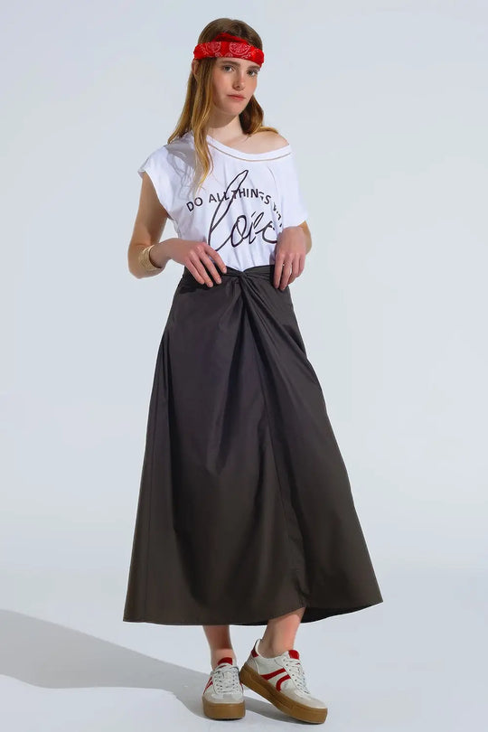 Maxi khaki poplin skirt with knot detail at the waist - Skirts