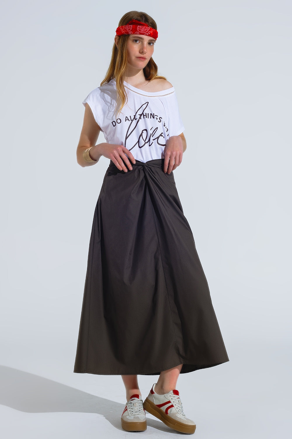 Maxi khaki poplin skirt with knot detail at the waist