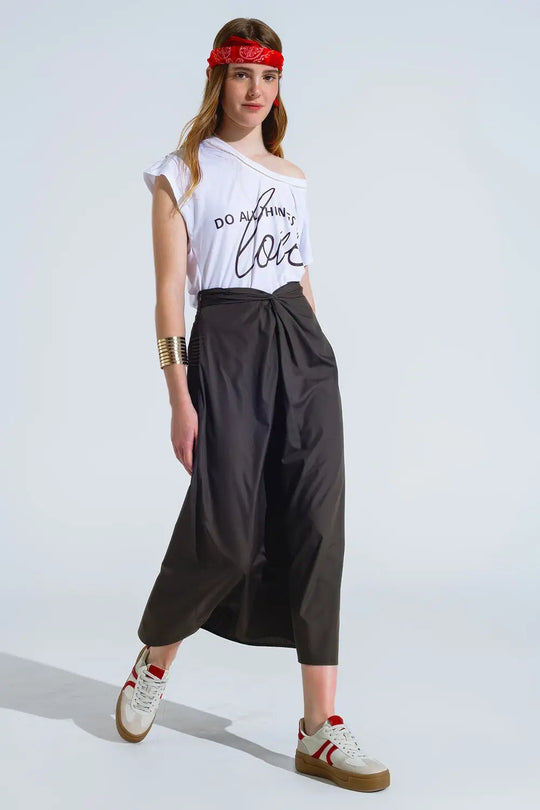 Maxi khaki poplin skirt with knot detail at the waist - Skirts