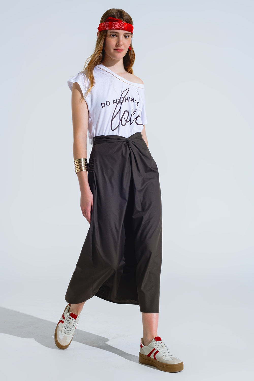 Maxi khaki poplin skirt with knot detail at the waist