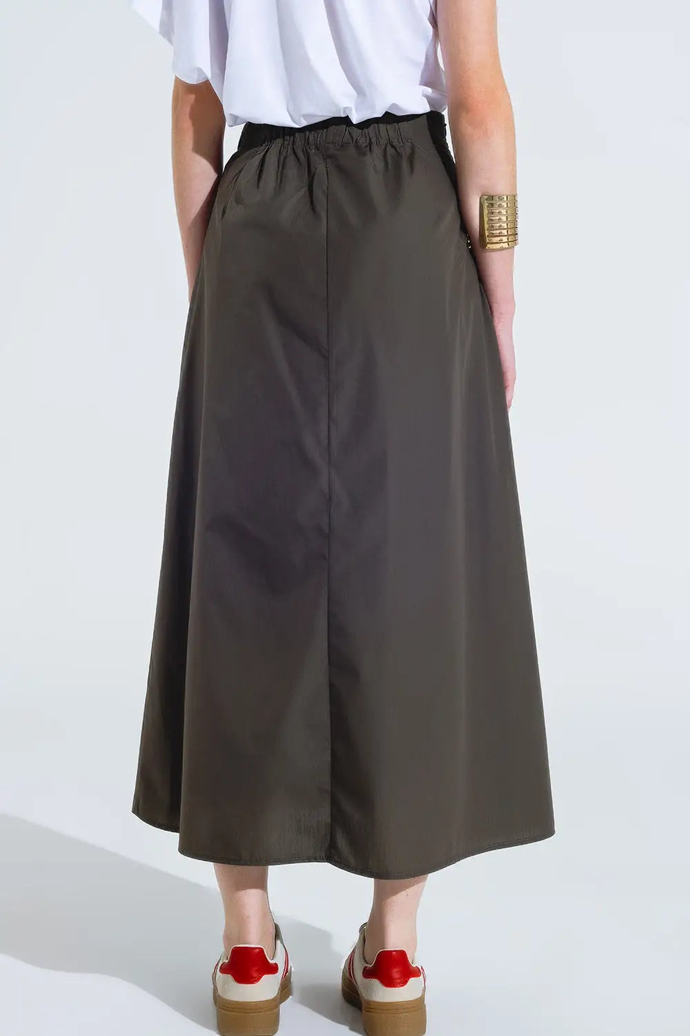 Maxi khaki poplin skirt with knot detail at the waist - Skirts