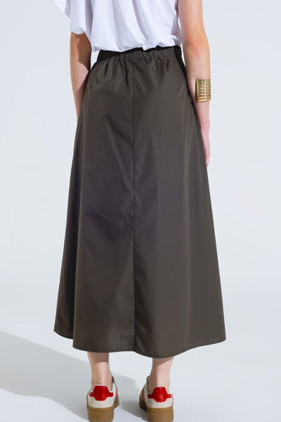 Maxi khaki poplin skirt with knot detail at the waist