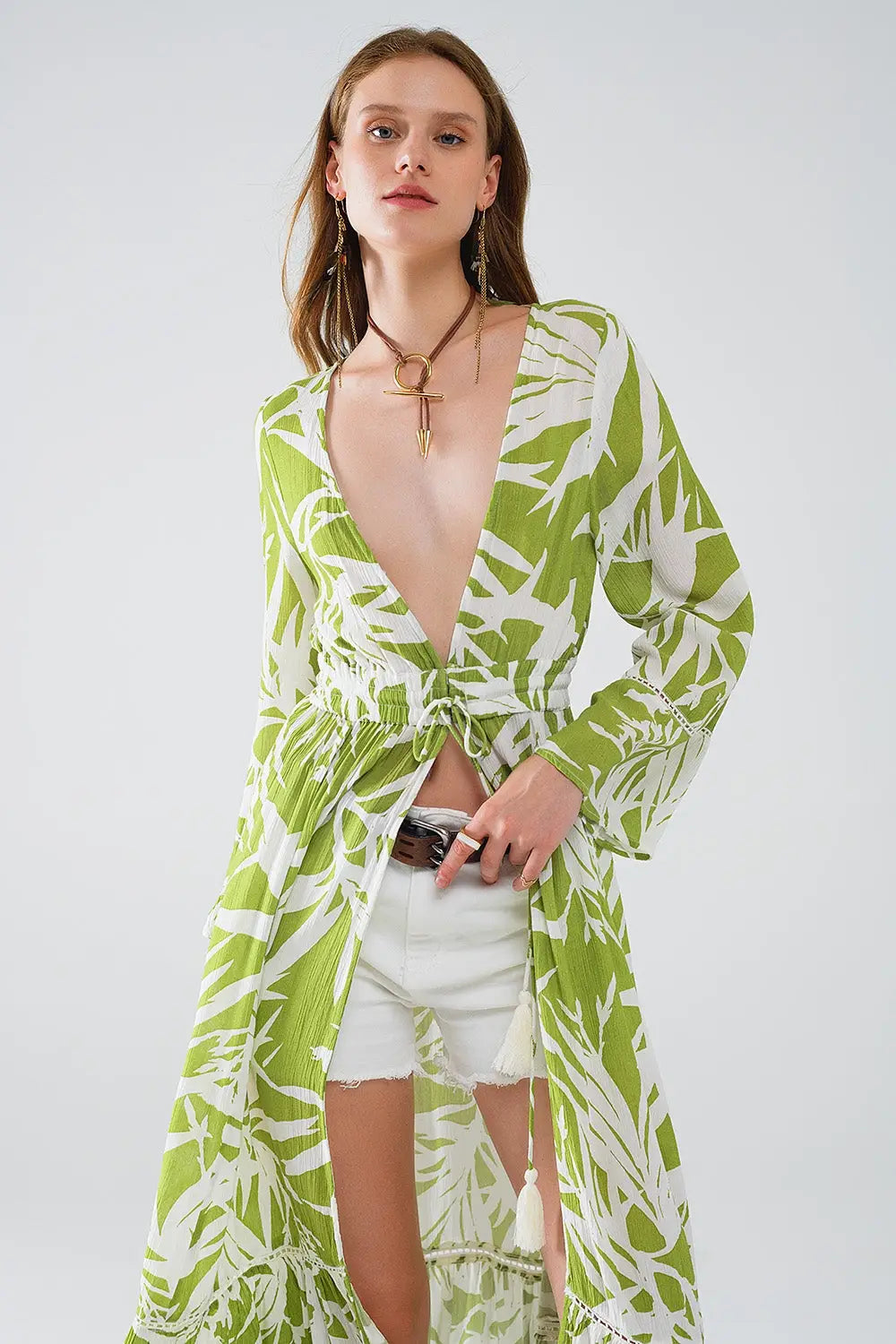 Maxi kimono vert avec imprimé palmier tropical - Vestes