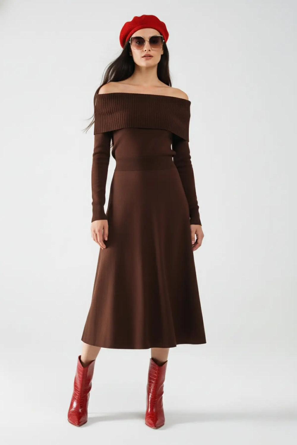 Maxi Knitted wide Bardot Dress in brown - One Size / Brown - Dresses