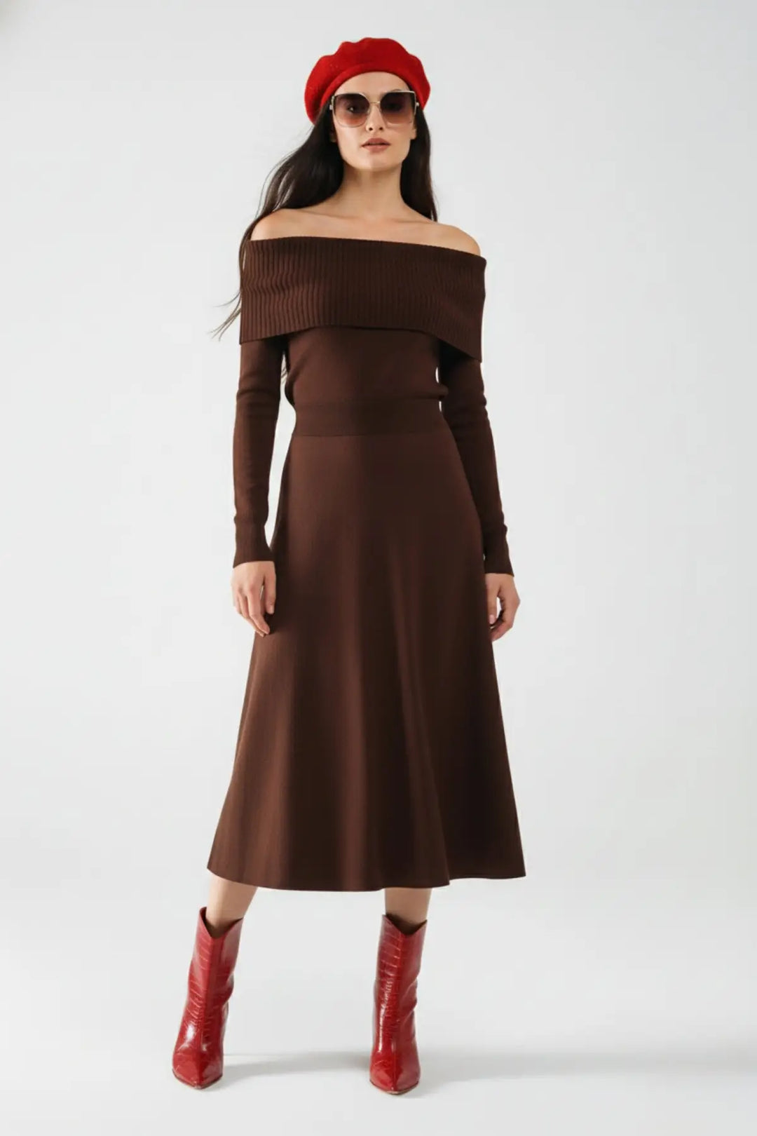 Maxi Knitted wide Bardot Dress in brown - One Size / Brown - Dresses