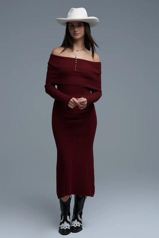 Maxi Knitted wide Bardot Dress in burgundy - One Size / Red - Dresses