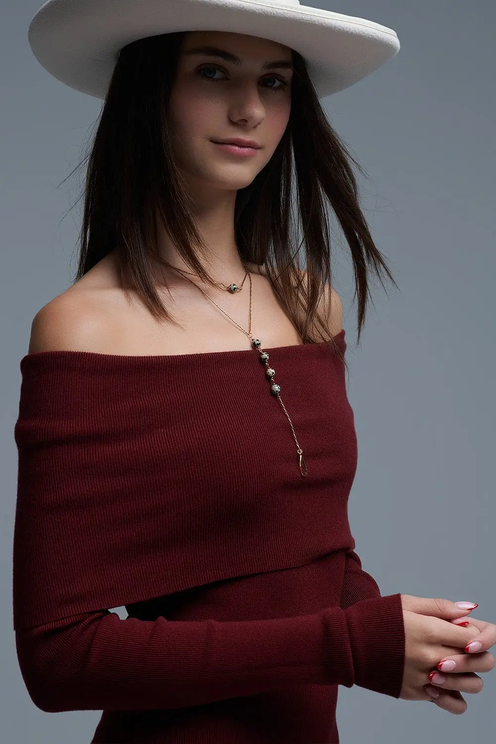Maxi Knitted wide Bardot Dress in burgundy - One Size / Red - Dresses