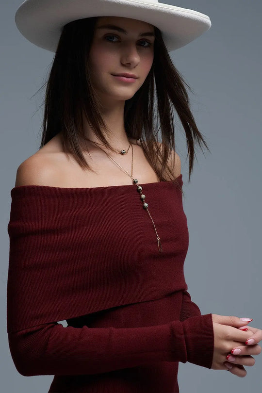 Maxi Knitted wide Bardot Dress in burgundy - One Size / Red - Dresses
