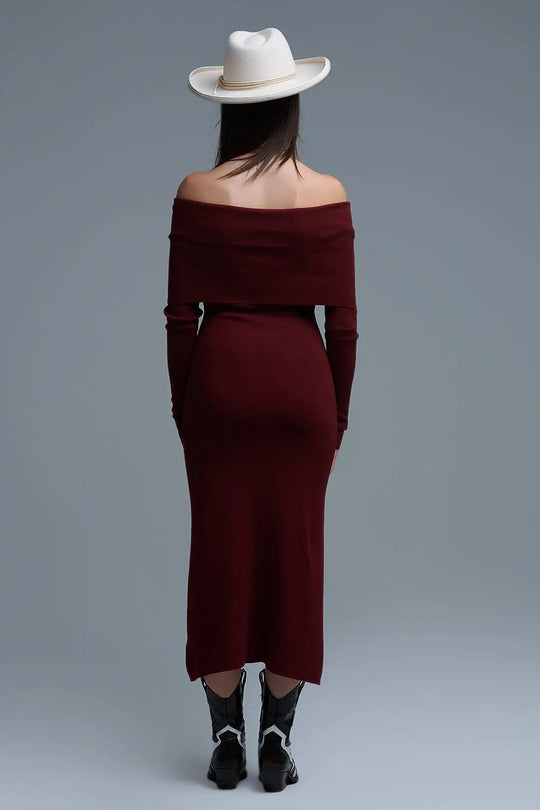 Maxi Knitted wide Bardot Dress in burgundy - One Size / Red - Dresses