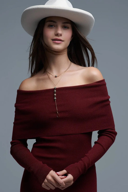 Maxi Knitted wide Bardot Dress in burgundy - One Size / Red - Dresses