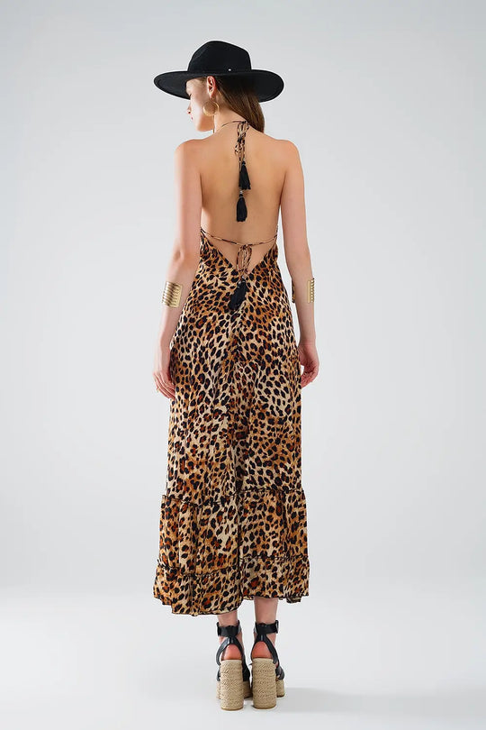 maxi leopard print boho dress with open back - Dresses
