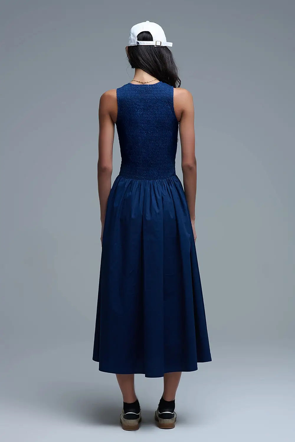 Maxi Navy Poplin Dress with smocked detail - Dresses