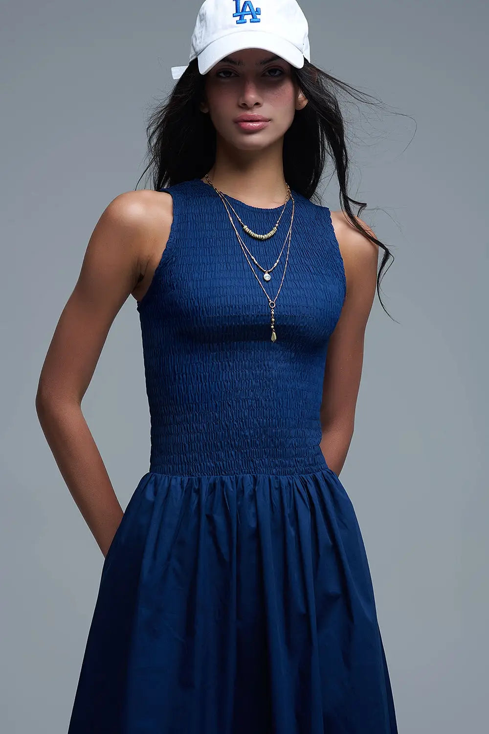 Maxi Navy Poplin Dress with smocked detail - Dresses