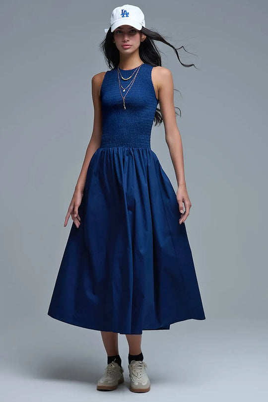 Maxi Navy Poplin Dress with smocked detail - Dresses
