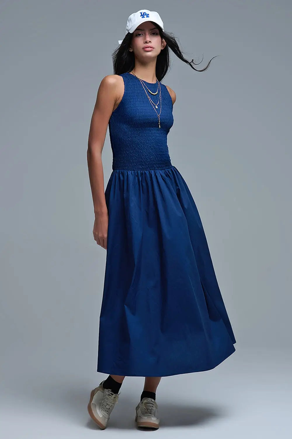 Maxi Navy Poplin Dress with smocked detail - Dresses