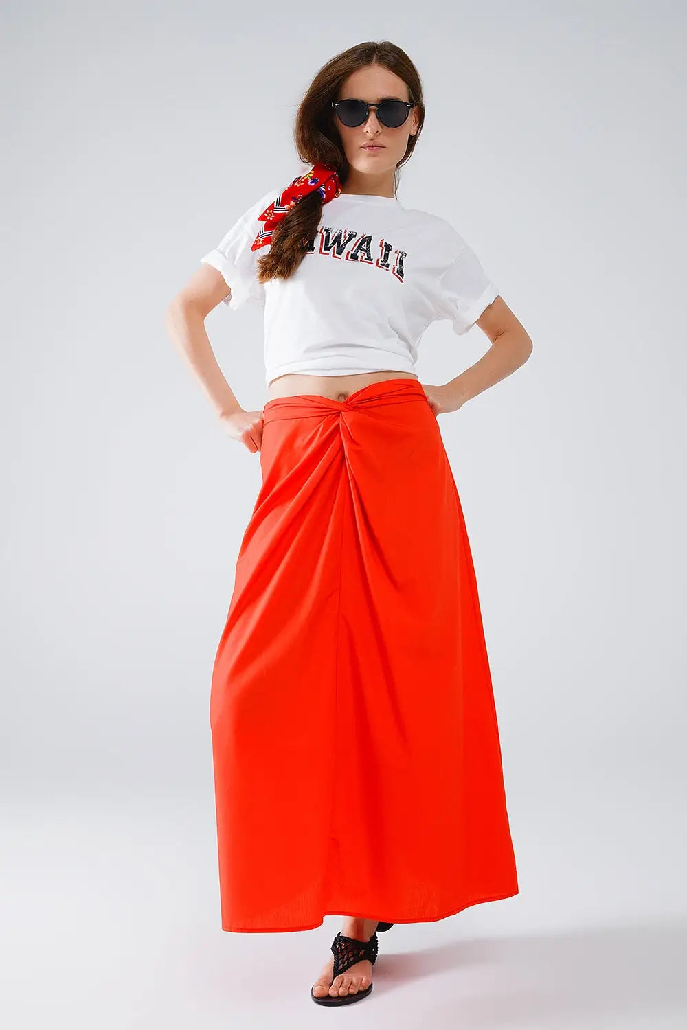 Maxi orange poplin skirt with knot detail at the waist - Skirts