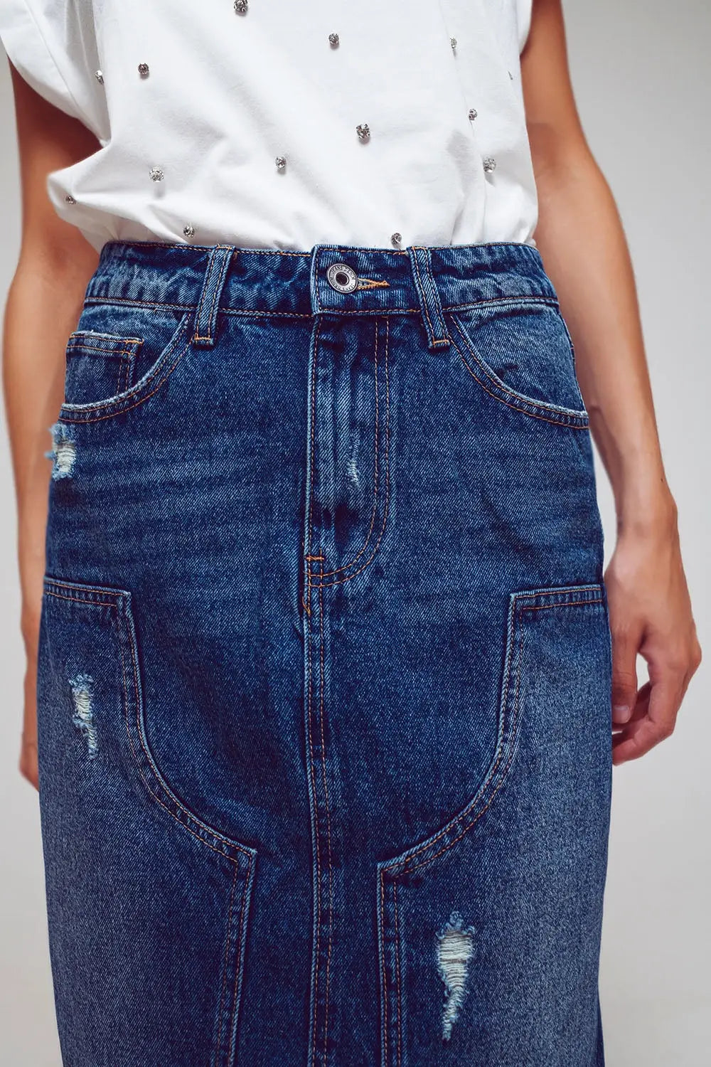 Maxi Pencil Denim Skirt With Panel Details In The Front - Skirts