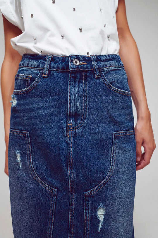 Maxi Pencil Denim Skirt With Panel Details In The Front - Skirts