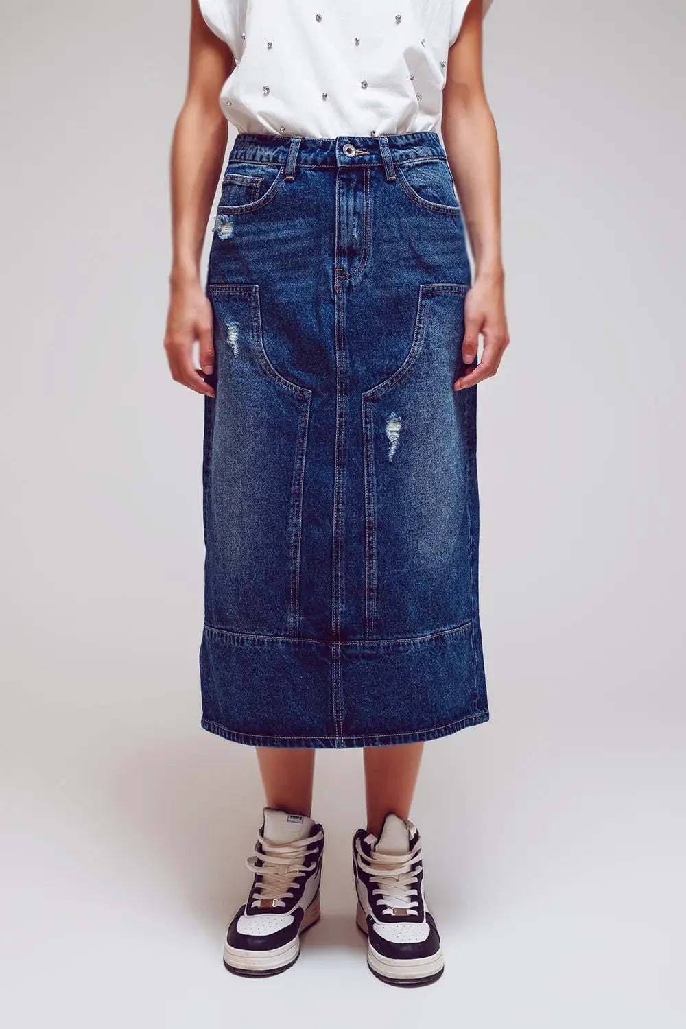 Maxi Pencil Denim Skirt With Panel Details In The Front - Skirts