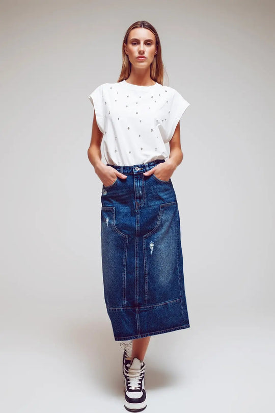 Maxi Pencil Denim Skirt With Panel Details In The Front - Skirts