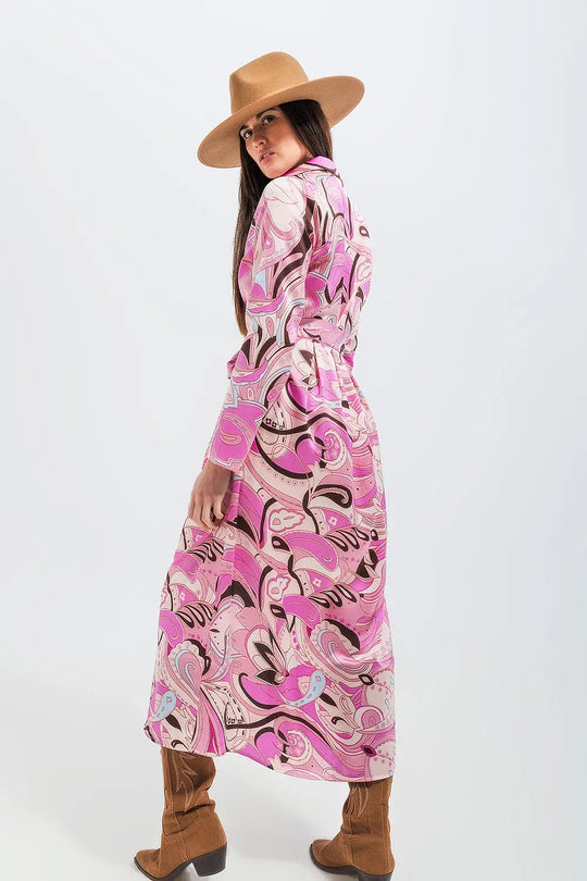 Maxi shirt dress in pink abstract print - Dresses