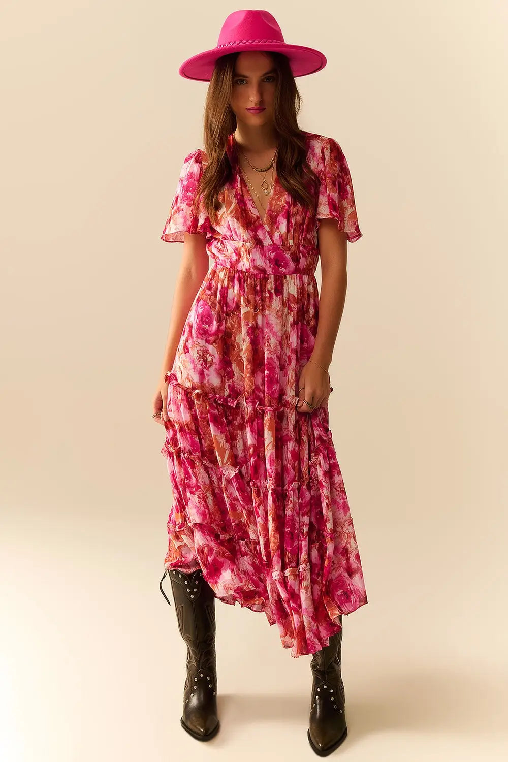 Maxi Tiered Romantic Dress With chiffon Floral Print In Pink - Dresses