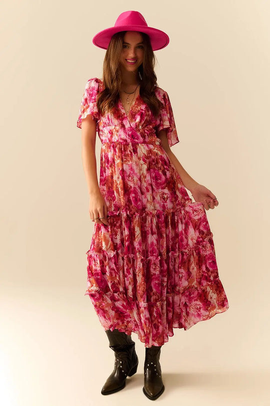 Maxi Tiered Romantic Dress With chiffon Floral Print In Pink - Dresses