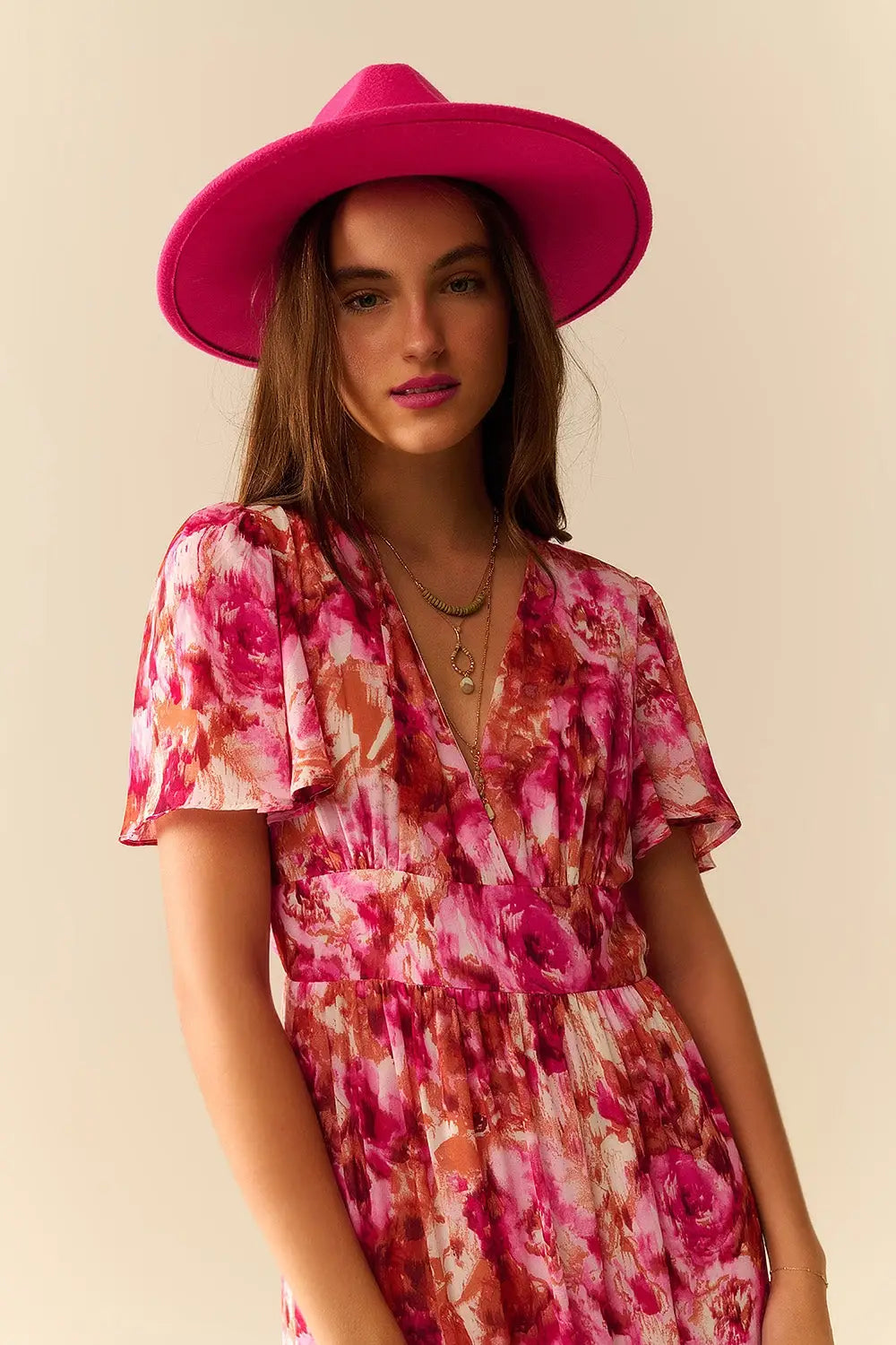 Maxi Tiered Romantic Dress With chiffon Floral Print In Pink - Dresses