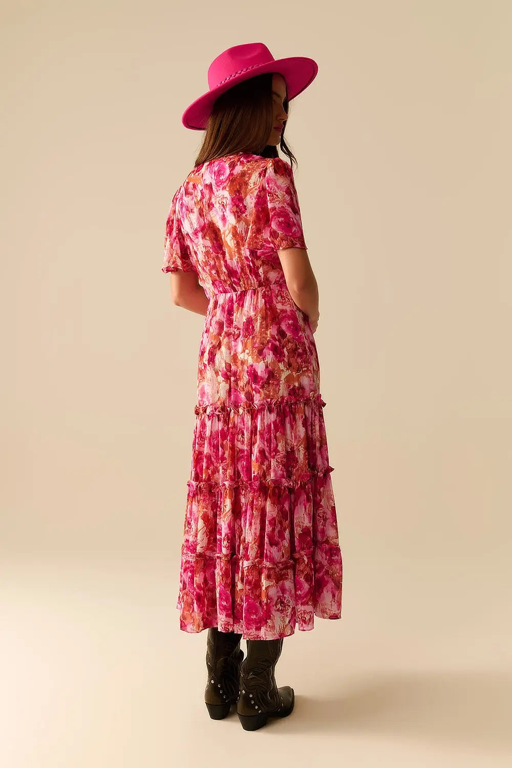 Maxi Tiered Romantic Dress With chiffon Floral Print In Pink - Dresses
