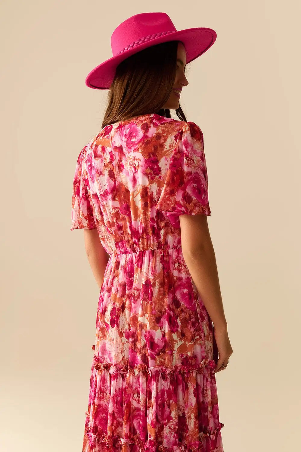 Maxi Tiered Romantic Dress With chiffon Floral Print In Pink - Dresses