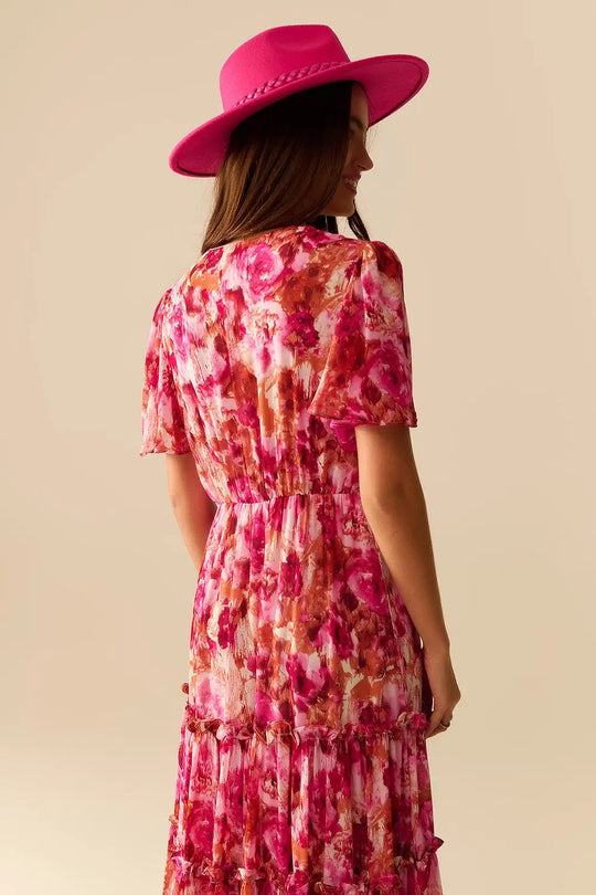 Maxi Tiered Romantic Dress With chiffon Floral Print In Pink - Dresses