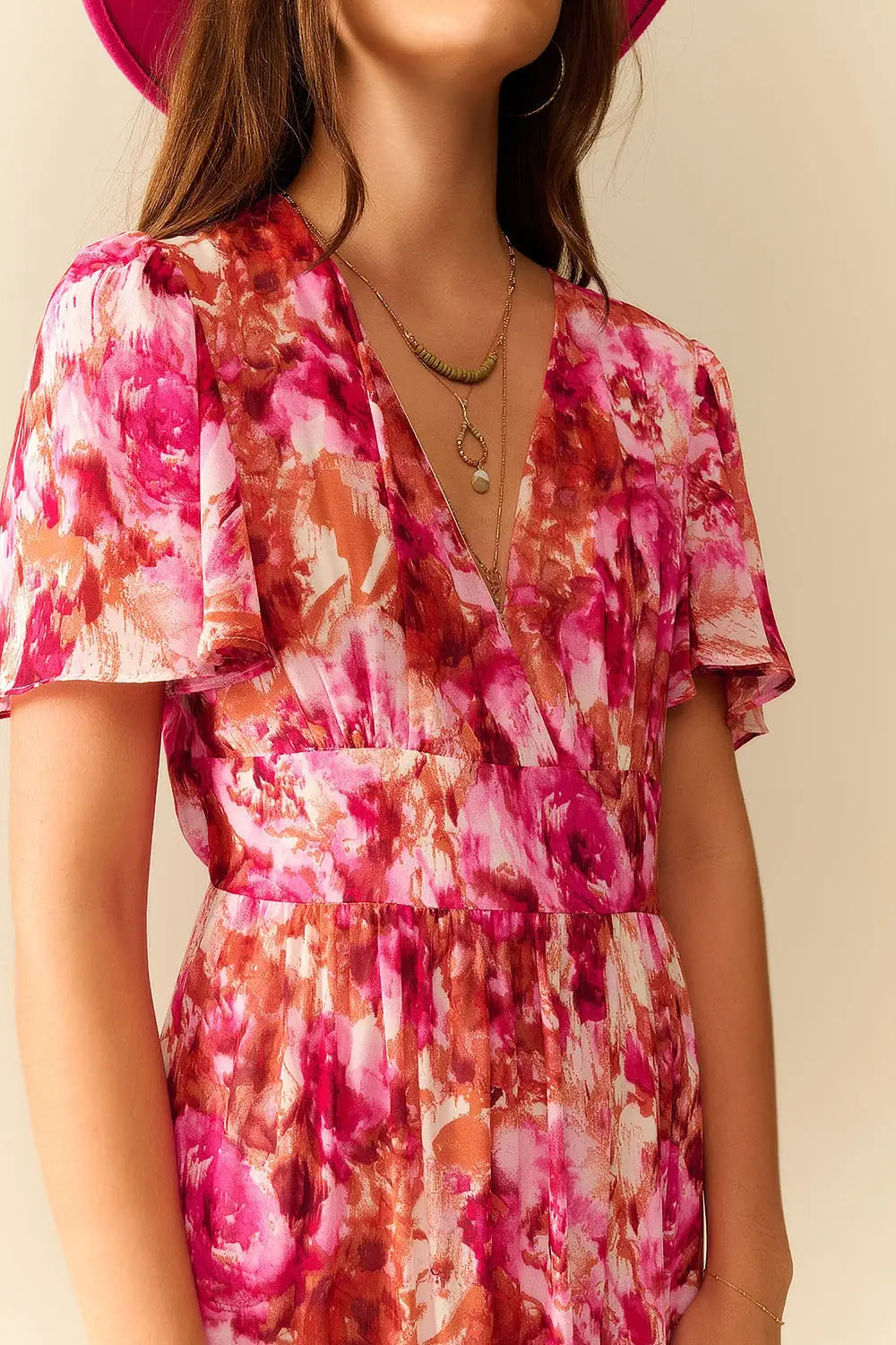 Maxi Tiered Romantic Dress With chiffon Floral Print In Pink - Dresses