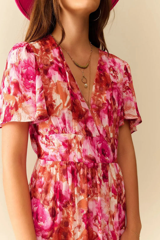 Maxi Tiered Romantic Dress With chiffon Floral Print In Pink - Dresses
