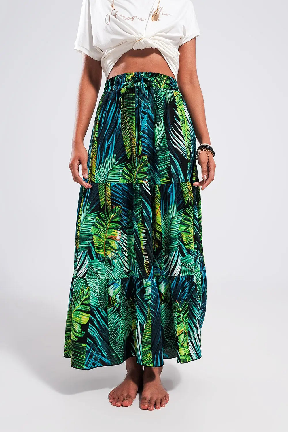 Maxi tiered skirt in green tropical print - Skirts
