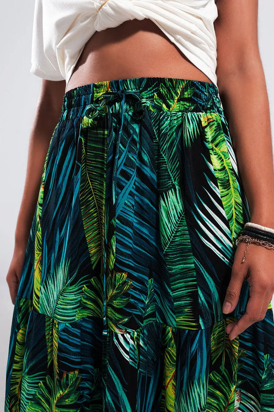 Maxi tiered skirt in green tropical print - Skirts
