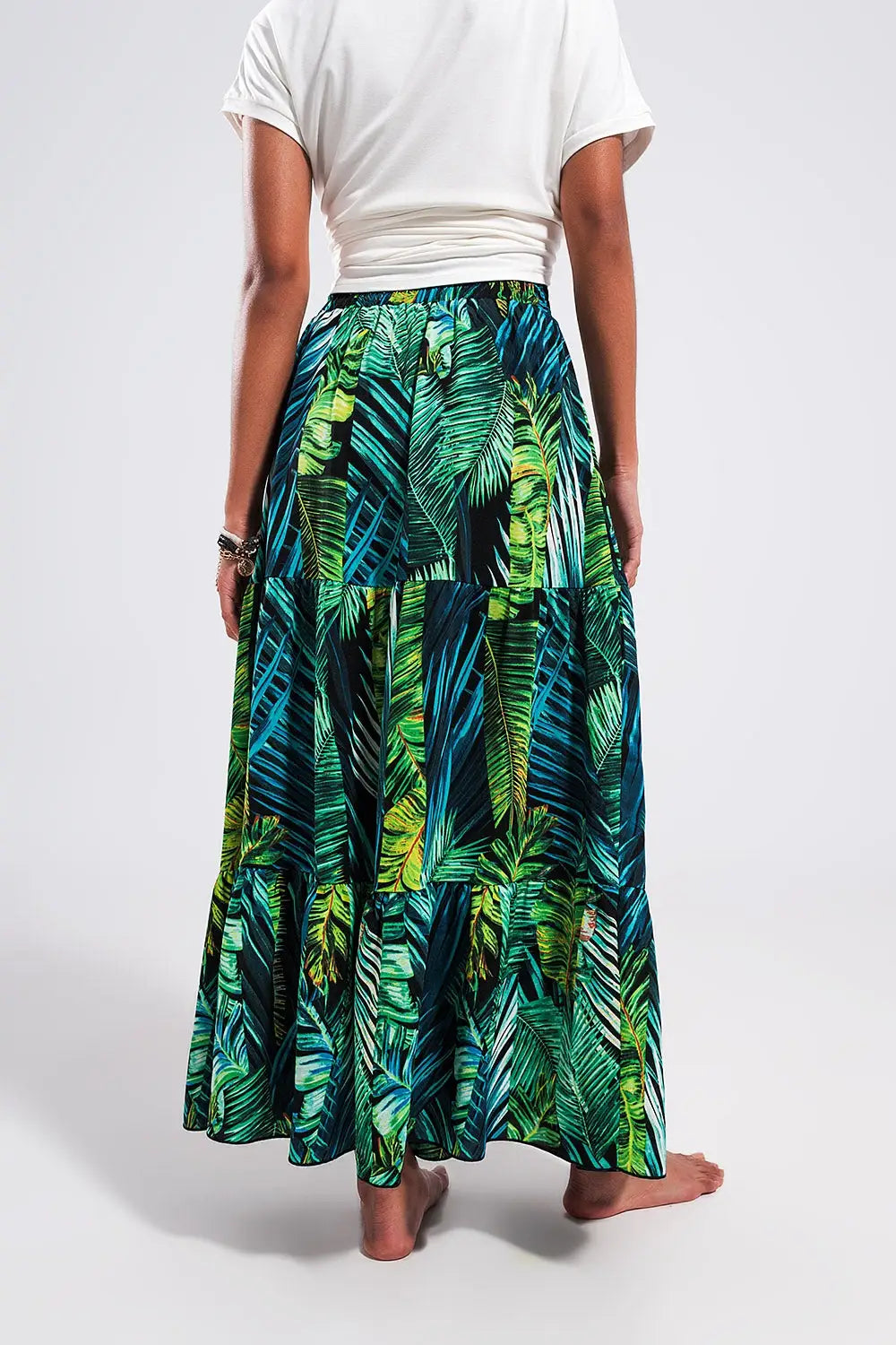 Maxi tiered skirt in green tropical print - Skirts