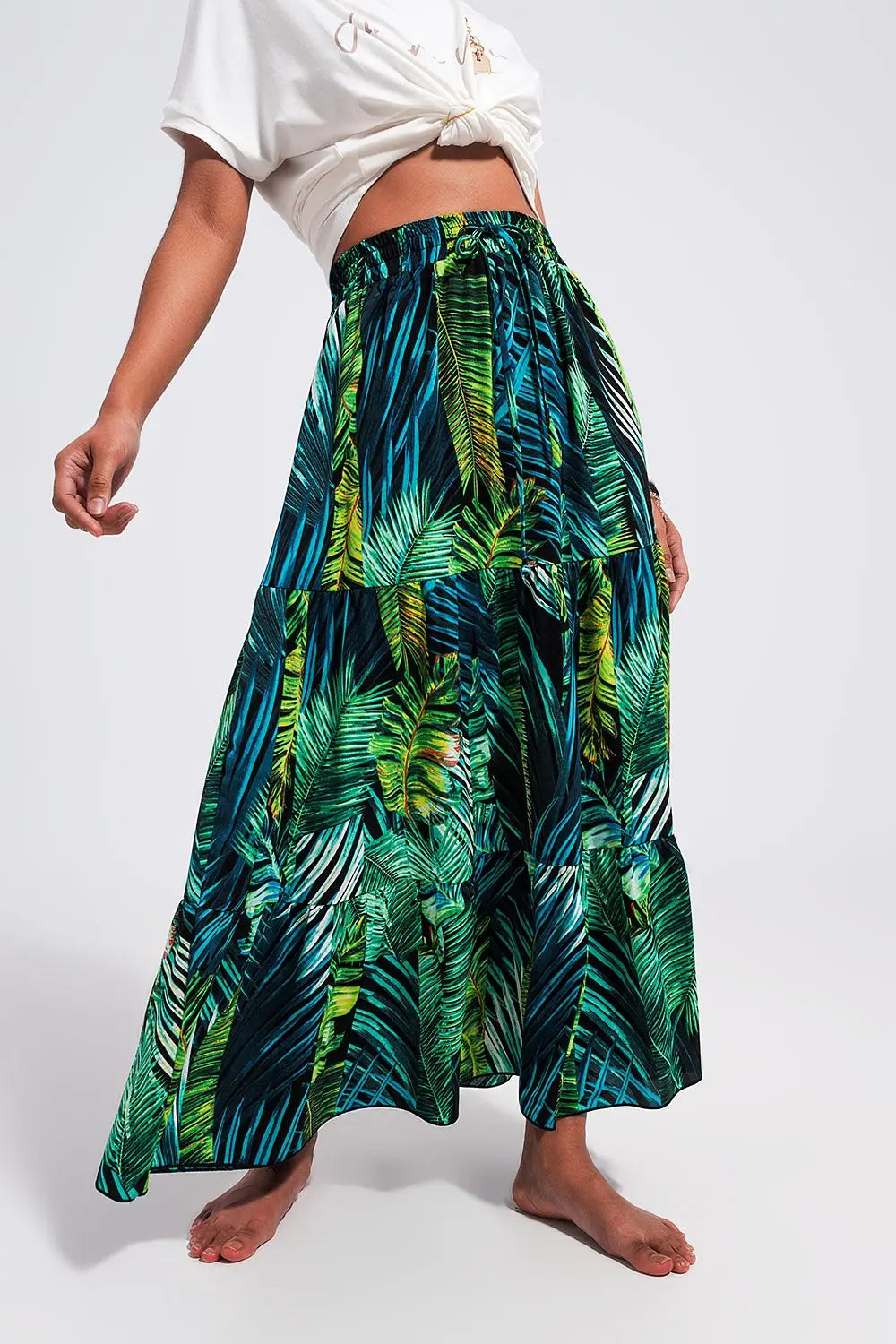 Maxi tiered skirt in green tropical print - Skirts