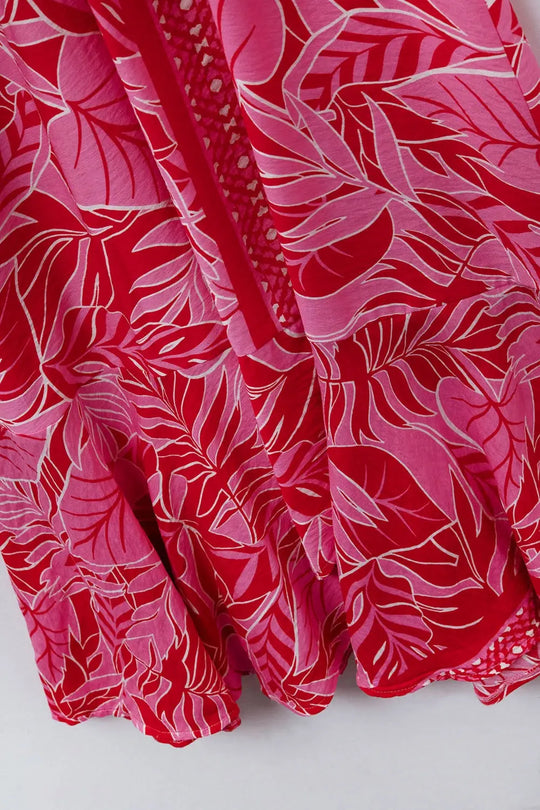 Maxi Tropical Motif Dress With Belt In Fuchsia - Dresses