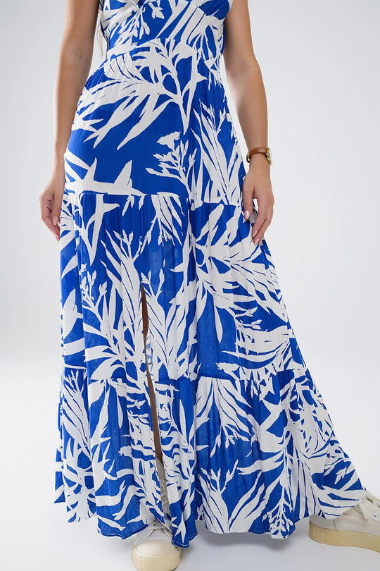 Maxi Tropical Print V-neck Dress With Slit in Blue - Dresses