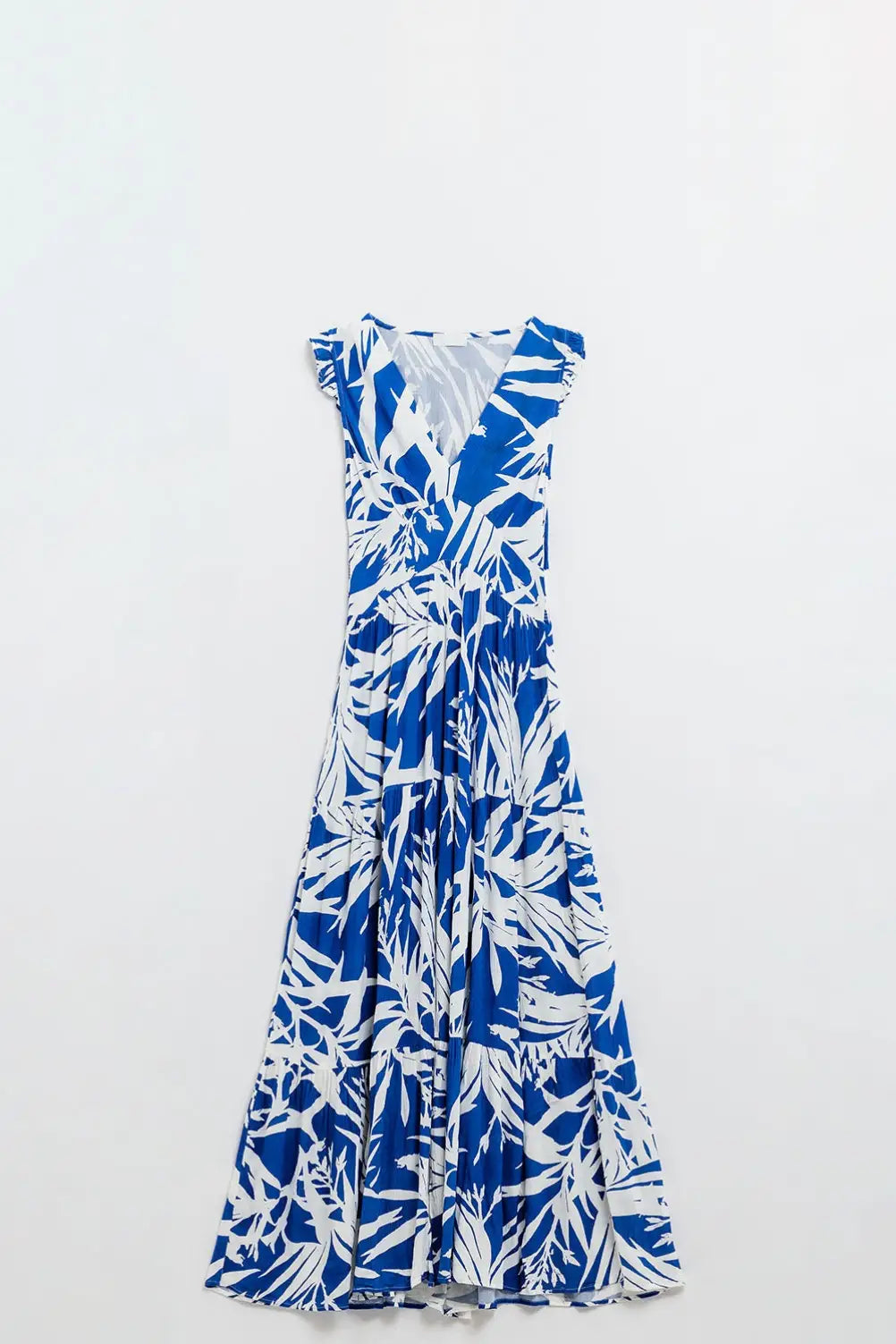 Maxi Tropical Print V-neck Dress With Slit in Blue - Dresses