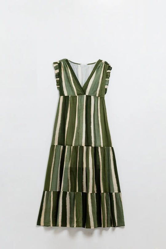 Maxi V-Neck Dress With Tiered Skirt In Striped Tie-dye Green - Dresses