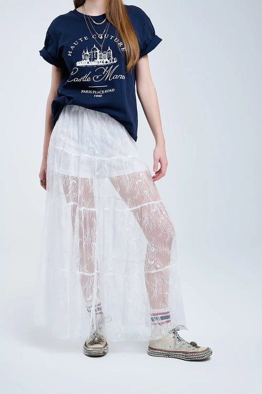 Q2 maxi white lace skirt with a floral print