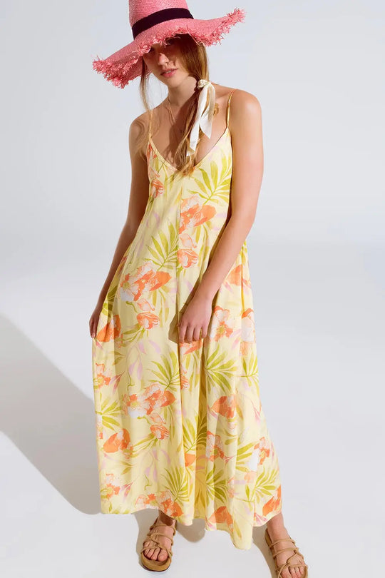 maxi yellow jumpsuit in tropical print - Dresses
