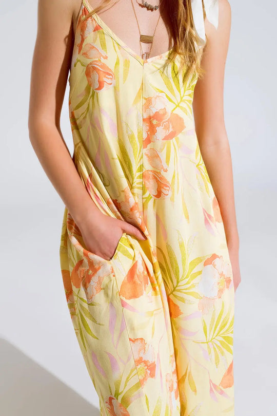 maxi yellow jumpsuit in tropical print - Dresses